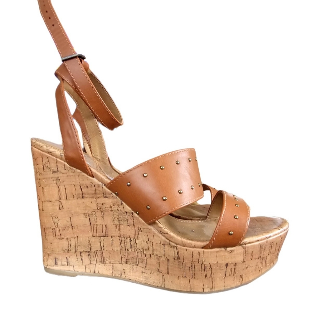 Cork Wedges Platform Chestnut Brown Studded Ankle Wrap Sandals